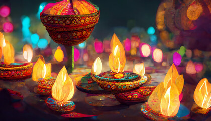 Wall Mural - illustation of Diwali festival of lights tradition Diya oil lamps against dark background