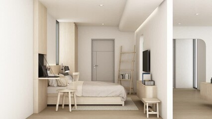 Wall Mural - build up creation room The walls are decorated in white tones with wooden materials, Arc built-in cabinets and wooden arches on parquet floors. bedroom and living room apartment. 3d render animation