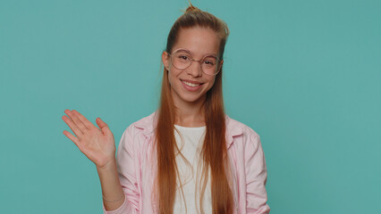 wow. hello, welcome. lovely pretty teenager girl appear from below waving hi with her palm, greeting