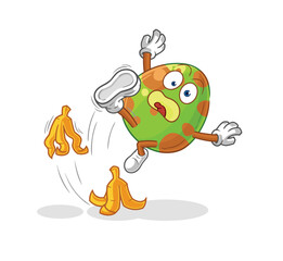 Sticker - dinosaur egg slipped on banana. cartoon mascot vector