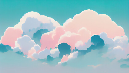 Minimal sky with clouds. Cloudy day, digital painting. Simple, elegant minimal view of clouds, with soft pastel colors. A clean modern and calm wallpaper with. An empty atmospheric flat sky texture. 