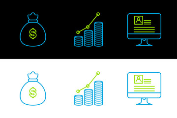 Poster - Set line Computer monitor with resume, Money bag and Pie chart infographic and coin icon. Vector