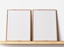 Modern Poster Frame Mockup, Minimal Room Design On White Interior Background, Two Wooden Frames Mock Up, 3d Render