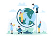 Global navigation, expansion strategy with tiny people. Cartoon persons holding pin points to mark places for international travel, way to landmark on globe flat vector illustration. Tourism concept