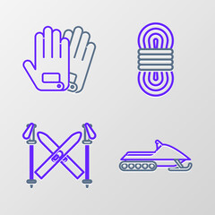 Poster - Set line Snowmobile, Ski and sticks, Climber rope and Gloves icon. Vector