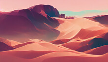 Desert And Dunes Landscape. Orange Sand Dunes, With Rocks. Minimal, Empty Digital Painting. Pastel Colors, Simple, Modern Backdrop. Hot, Dry Environment, Beautiful Sahara Desert. Colorful Illustration