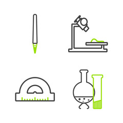 Sticker - Set line Test tube and flask chemical laboratory test, Protractor grid for measuring degrees, Microscope and Pen icon. Vector