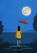 Woman With Umbrella Standing In Rain At Lake With View Of Full Moon
