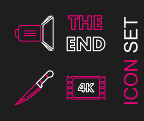 Sticker - Set line 4k movie, tape, frame, Knife, The End handwritten inscription and Movie spotlight icon. Vector