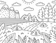 © lesyau_art - Cute kids coloring page. Landscape with clouds, mountains, field, road and bushes. Vector hand-drawn illustration in doodle style. Cartoon coloring book for children.