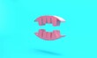 Pink Vampire teeth icon isolated on turquoise blue background. Happy Halloween party. Minimalism concept. 3D render illustration