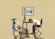© fStop - Exhausted businessman father sleeping at desk in home office with playing son
