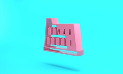 Wall Mural - Pink Coliseum in Rome, Italy icon isolated on turquoise blue background. Colosseum sign. Symbol of Ancient Rome, gladiator fights. Minimalism concept. 3D render illustration