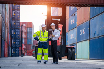 Wall Mural - Engineer container cargo with worker working and checking stock into container for loading,logistic and business export.