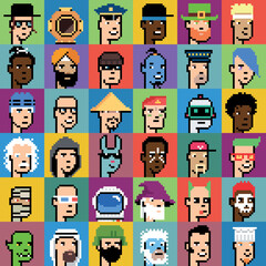 Wall Mural - Set of faces in pixel style. Heads of different characters.