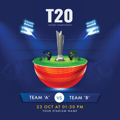 Sticker - T20 Cricket Championship Concept With Realistic Silver Trophy Cup And Participating Countries Helmets Of India VS Australia Over 3D Half Ball On Blue Stadium Lights Background.