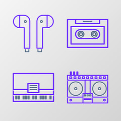 Sticker - Set line DJ remote for playing and mixing music, Piano, Retro audio cassette tape and Air headphones icon. Vector