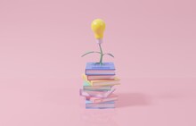 Light Bulb Tree Growing From Stack Of Books, Increase Knowledge For Career Growth Or Better Opportunity Concept, 3d Render Illustration.