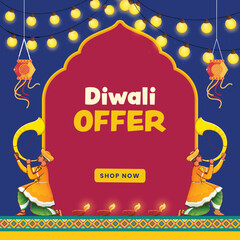 Wall Mural - Diwali Sale Poster Design With Tutari Player Men In Traditional Attire, Traditional Lanterns (Kandeel) On Red And Blue Background.