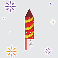 Poster - Isolated Sticker Of Flying Rocket Firecracker With Fireworks Grey Background.