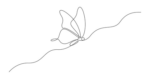 Wall Mural - Butterfly in One continuous line drawing. Beautiful flying moth for wellbeing beauty or spa salon logo and divider concept in simple linear style. Editable stroke. Doodle vector illustration.