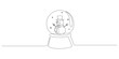 One continuous line drawing of Christmas crystal snow globe with snowman. Magic glass ball for winter xmas holiday concept in simple linear style. Editable stroke. Doodle vector illustration.