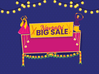 Wall Mural - Navratri Big Sale Poster Design With Indian Couple Holding Dandiya Sticks, Toran And Lighting Garland Decorated On Blue Background.