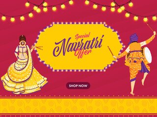 Wall Mural - Special Navratri Offer Poster Design With Indian Woman Holding Dandiya Sticks, Drummer Man On Yellow And Red Background.