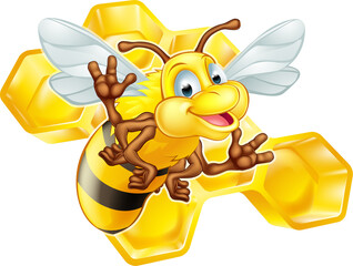 Sticker - Cartoon cute bee with honeycomb