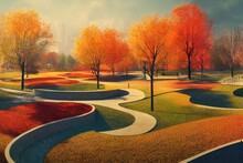 Beautiful Autumn Forest Landscape Background Illustration, Park Walkway, 3d Render, 3d Illustration