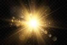 Shining Golden Stars. Light Effects, Glare, Glitter, Explosion, Golden Light. Vector Illustration.