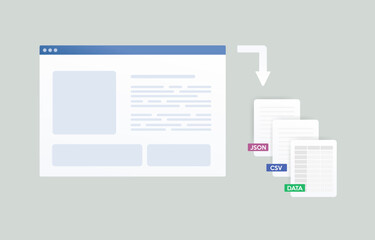 Web scraping - process of automatically searching, parsed, mining and reformatted data from website. Web data extraction software concept. Information harvesting from world wide web pages.