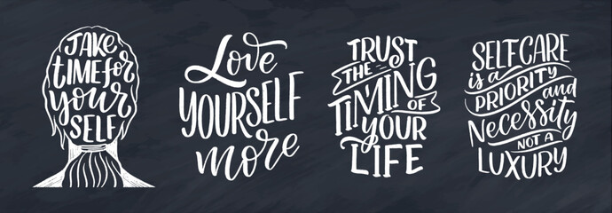 Wall Mural - Set with lettering slogans about love yourself. Funny quotes for blog, poster and print design. Modern calligraphy text about self care.