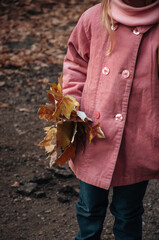 Bouquet of autumn leaves. A girl in a pink coat picked up fallen leaves.