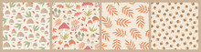 Set Of Hand-drawn Seamless Patterns With Wild Mushrooms And Autumn Leaves. Colorful Seasonal Illustration For Paper And Gift Wrap. Fabric Print Design. Creative Stylish Background.