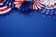 Happy Independence Day USA Banner Mockup Paper Fans In American National Colors And Confetti Stars. USA Presidents Day, American Labor Day, Memorial Day Concept