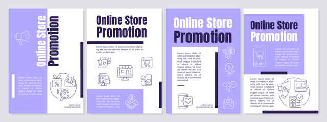 Online store promotion purple brochure template. Marketing. Leaflet design with linear icons. Editable 4 vector layouts for presentation, annual reports. Anton, Lato-Regular fonts used