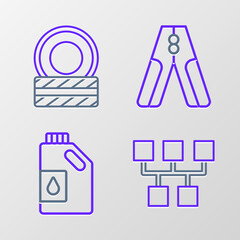 Sticker - Set line Gear shifter, Canister for motor oil, Car battery jumper power cable and tire wheel icon. Vector