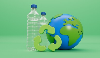 Wall Mural - Earth globe with empty plastic bottles and recycle symbol. Global plastic pollution concept. 3D Rendering