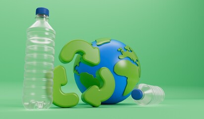 Wall Mural - Earth globe with empty plastic bottles and recycle symbol. Global plastic pollution concept. 3D Rendering