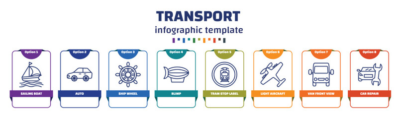 Sticker - infographic template with icons and 8 options or steps. infographic for transport concept. included sailing boat, auto, ship wheel, blimp, tram stop label, light aircraft, van front view, car repair