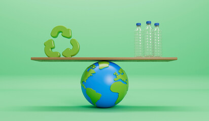 Wall Mural - Earth globe with empty plastic bottles and recycle symbol. Global plastic pollution concept. 3D Rendering