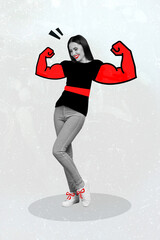 Poster - vertical composite collage image of positive sportive girl painted arms showing flexing strong big b