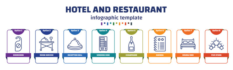 Wall Mural - infographic template with icons and 8 options or steps. infographic for hotel and restaurant concept. included doorknob, room service, reception bell, vending hine, champagne, agenda, double bed,