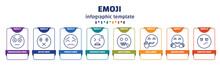 Infographic Template With Icons And 8 Options Or Steps. Infographic For Emoji Concept. Included Embarrassed Emoji, Muted Emoji, Pensive Desperate -mouth Hello Hugging Annoyed Icons.
