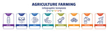 Infographic Template With Icons And 8 Options Or Steps. Infographic For Agriculture Farming Concept. Included Milk Jar, Plant Seeds, Sugar, Bread, Greenhouse, Bale, Insecticide, Chicken Coop Icons.