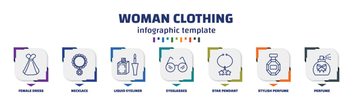 infographic template with icons and 7 options or steps. infographic for woman clothing concept. included female dress, necklace, liquid eyeliner, eyeglasses, star pendant, stylish perfume bottle,