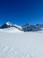 Canvas Print - Vertical landscape of snow-covered mountains under the blue sky on a sunny day