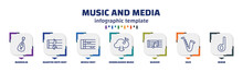Infographic Template With Icons And 7 Options Or Steps. Infographic For Music And Media Concept. Included Mandolin, Quarter Note Rest, Whole Rest, Downloaded Music Cloud, Quaver, Jazz, Minim Icons.