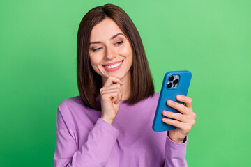 Wall Mural - photo of curious interested lady blogger read gadget multimedia share news isolated green color back